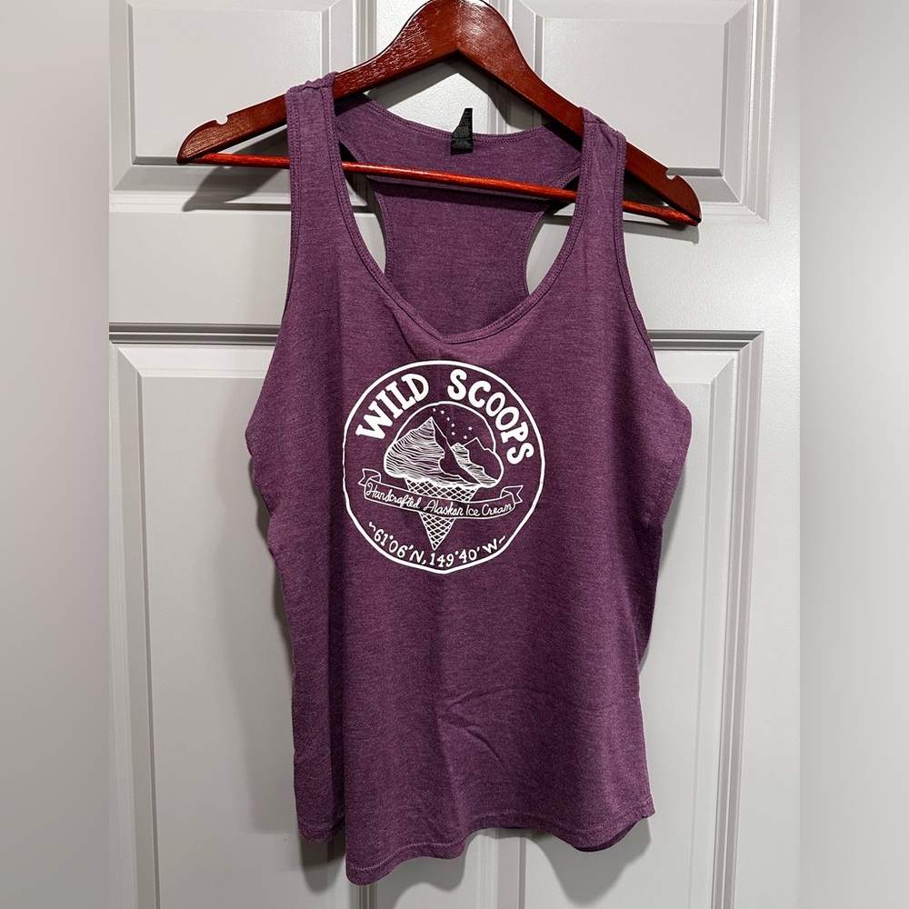 Wild Scoops Alaskan homemade ice cream Racerback tank top, purple, size large